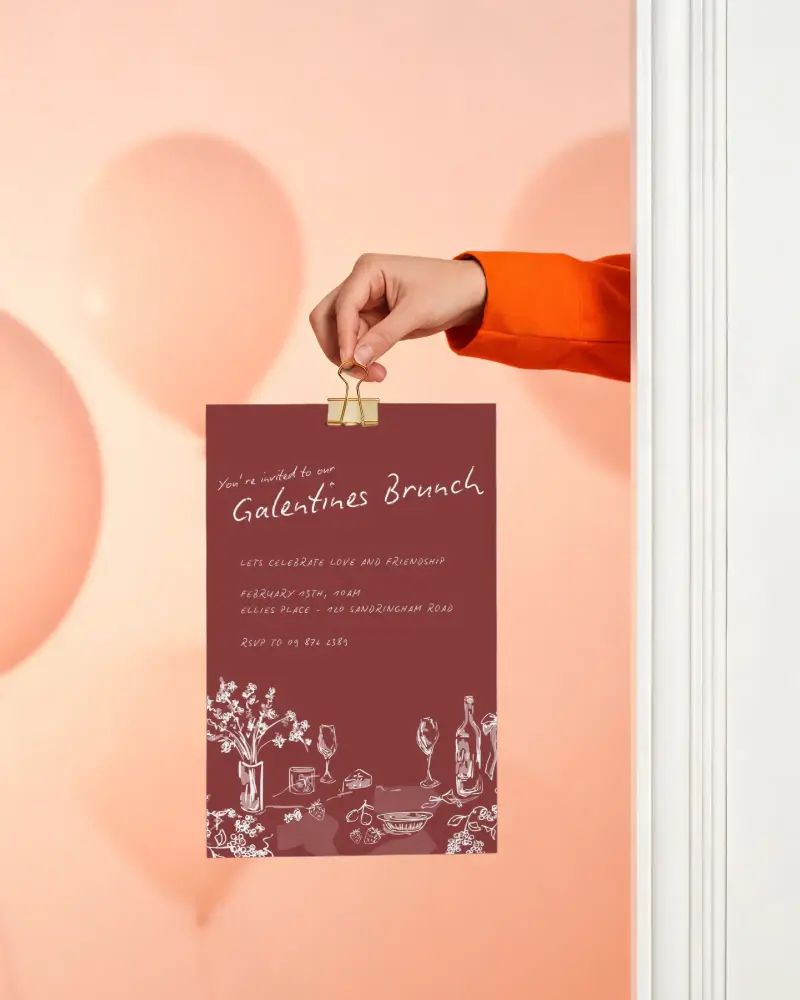 Hand Holding Minimalist Invitation Card Mockup With Balloon Background For Event Promotion