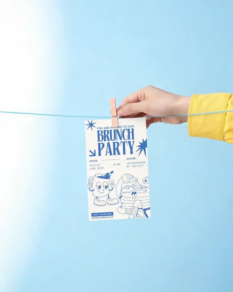 Creative Invitation Card Mockup With Hand Holding Clip On String Background Design