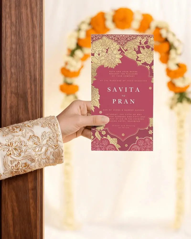 Hand Holding Blank Invitation Card Mockup With Floral Arch Background For Event Invites