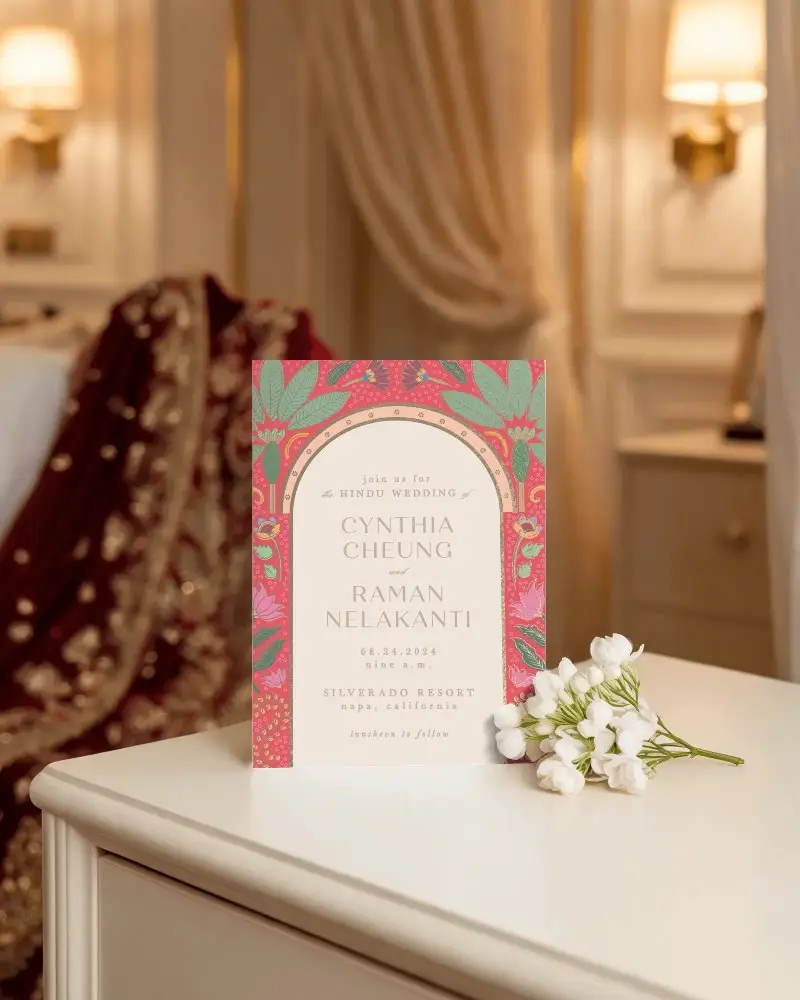 Elegant Invitation Card Mockup On Nightstand With Flower Decoration And Luxury Room Background