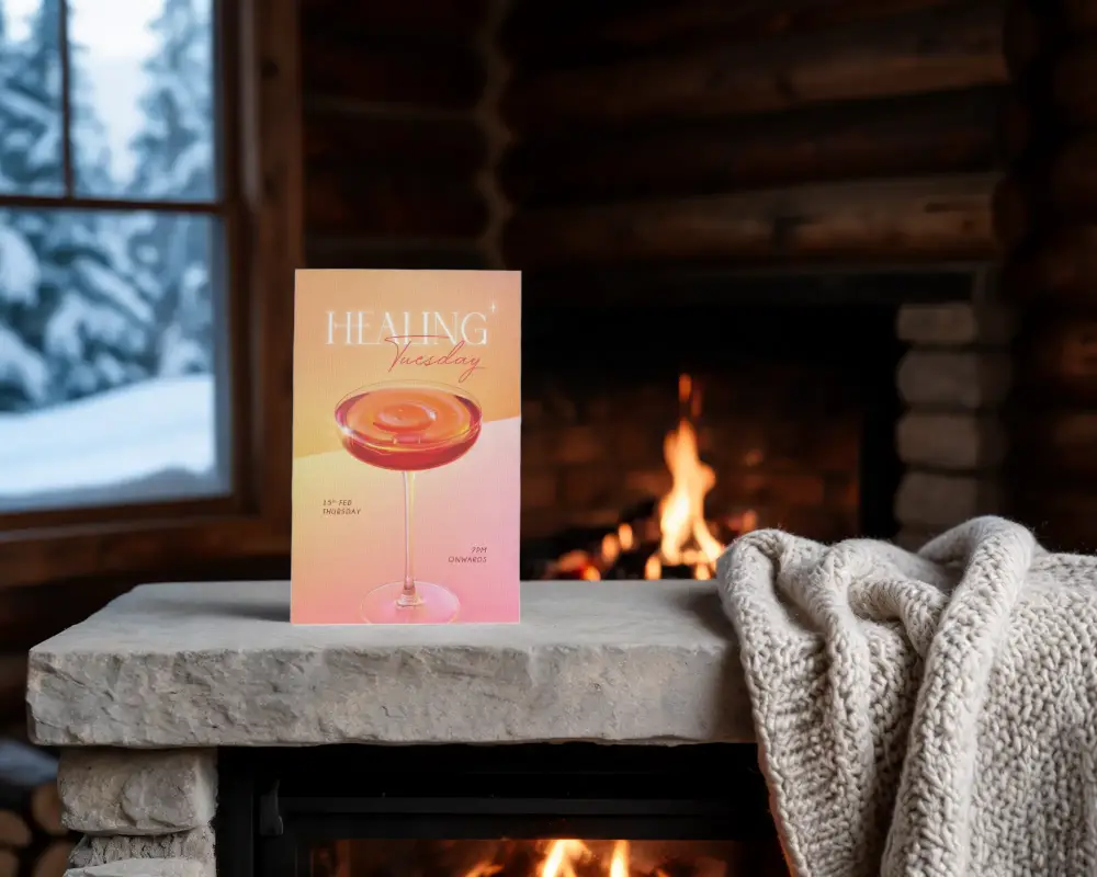 Blank Invitation Card Mockup On Rustic Stone Fireplace Mantel With Warm Firelight