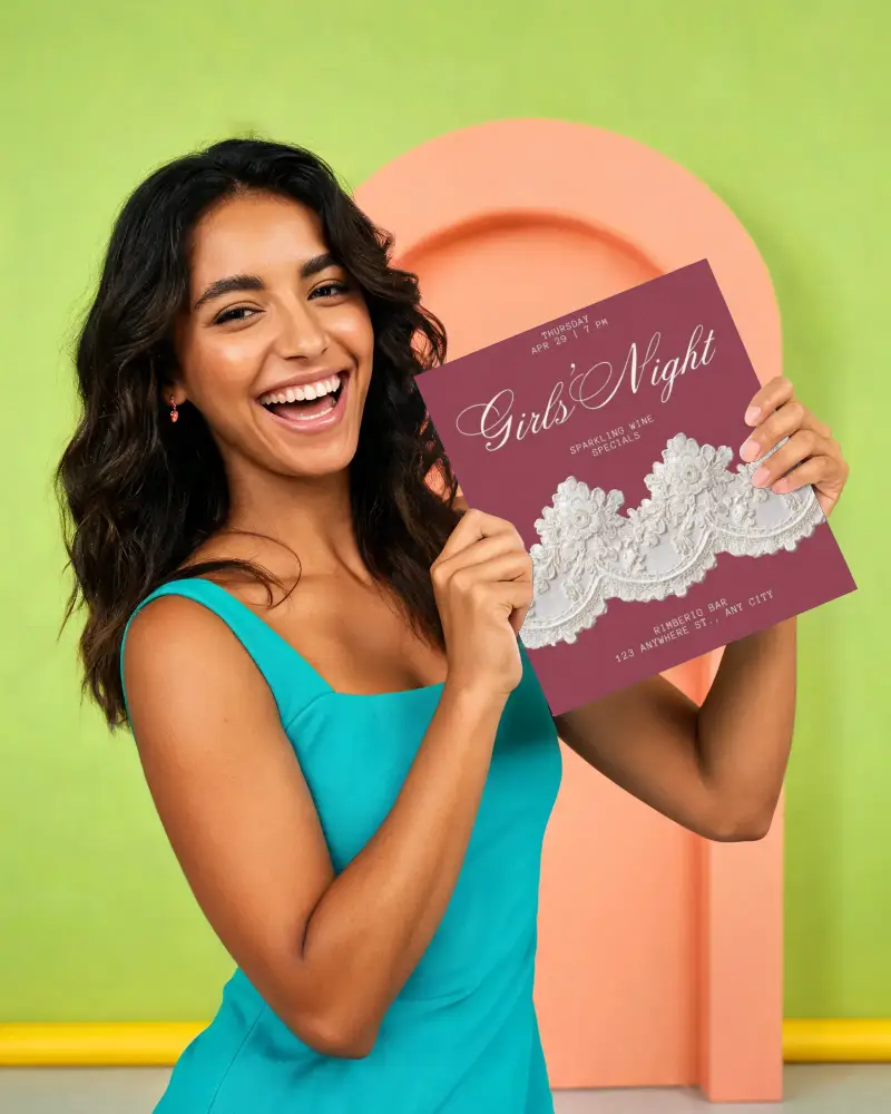 Smiling Lady Presenting Blank Invitation Card Mockup Perfect For Customized Event Announcements