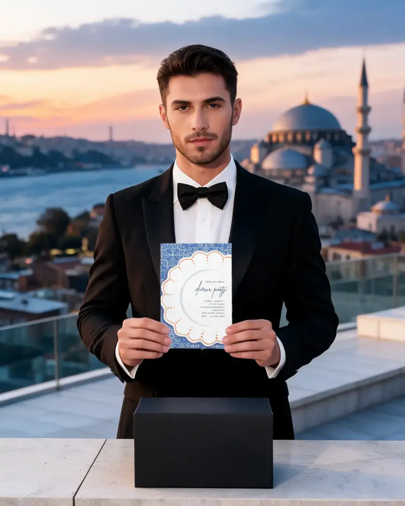 Elegant Formal Invitation Card Mockup With Tuxedo Clad Man Holding Blank Paper Outdoor