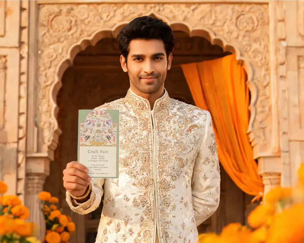 Traditional Indian Wedding Invitation Card Mockup With Elegant Cultural Backdrop