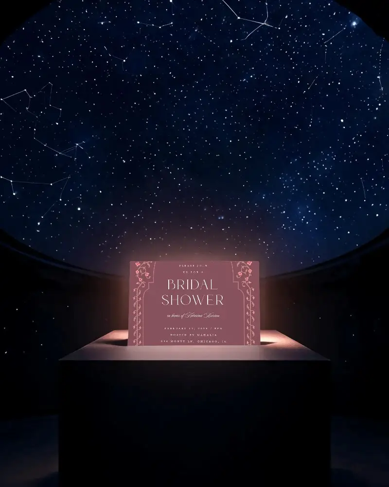 Luminous Invitation Card Mockup On Dark Platform With Stars Constellations Background