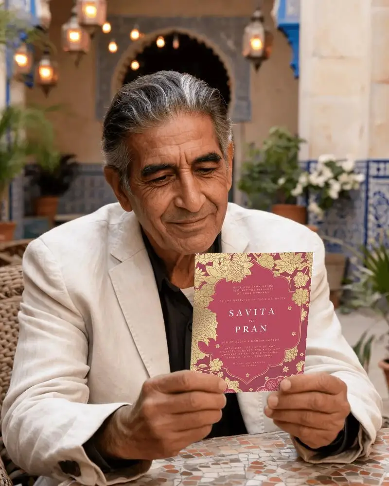 Elegant Invitation Card Mockup With Mature Man Holding Blank Paper In Relaxed Setting
