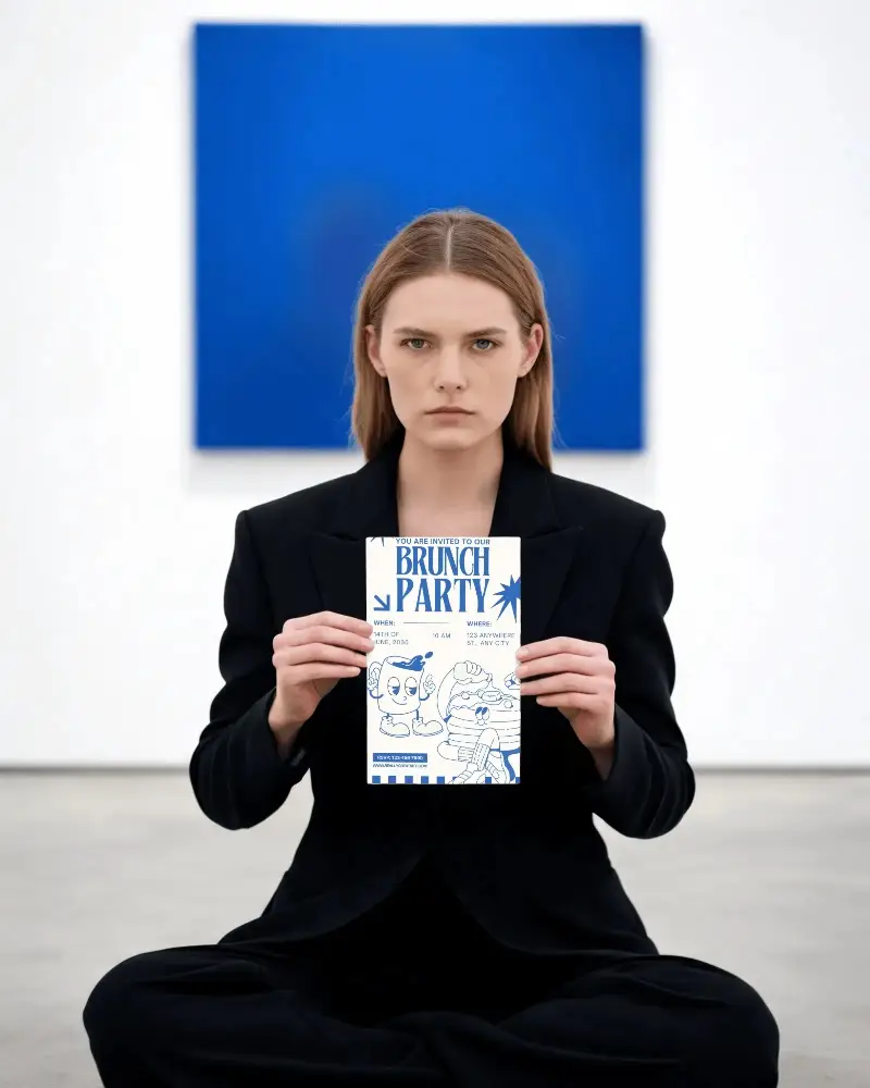 Elegant Invitation Card Mockup Held By Woman In Modern Art Gallery Setting High Resolution