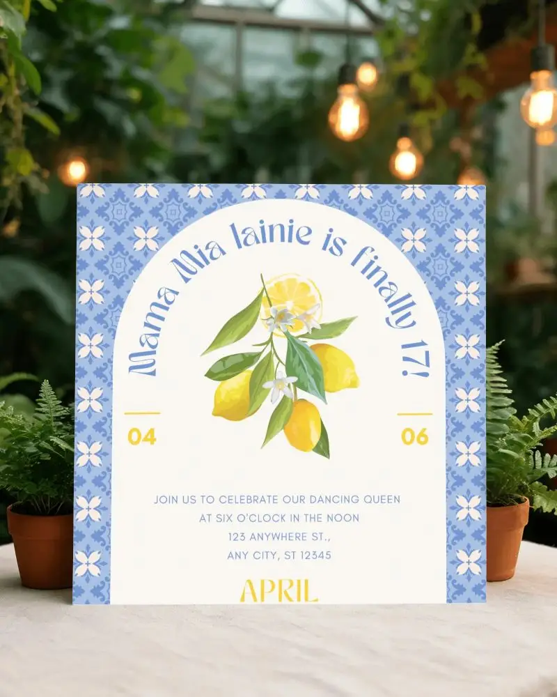 Blank Square Invitation Card Mockup With Fern Plants And Glowing Lightbulbs Background