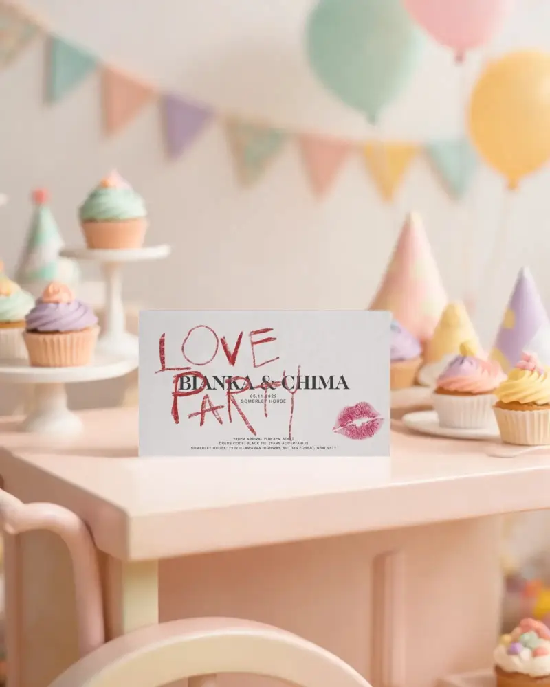 Empty Party Invite Card Mockup With Cupcake Stand And Birthday Hat Background