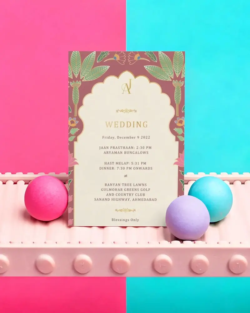 Blank Invitation Card Mockup With Playful Spheres And Brick Background For Event Promotion