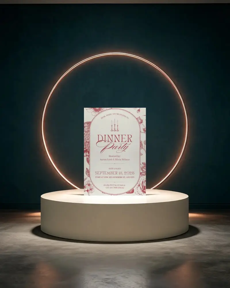 Minimalist Blank Invitation Card Mockup On Lit Round Podium With Glowing Neon Circle