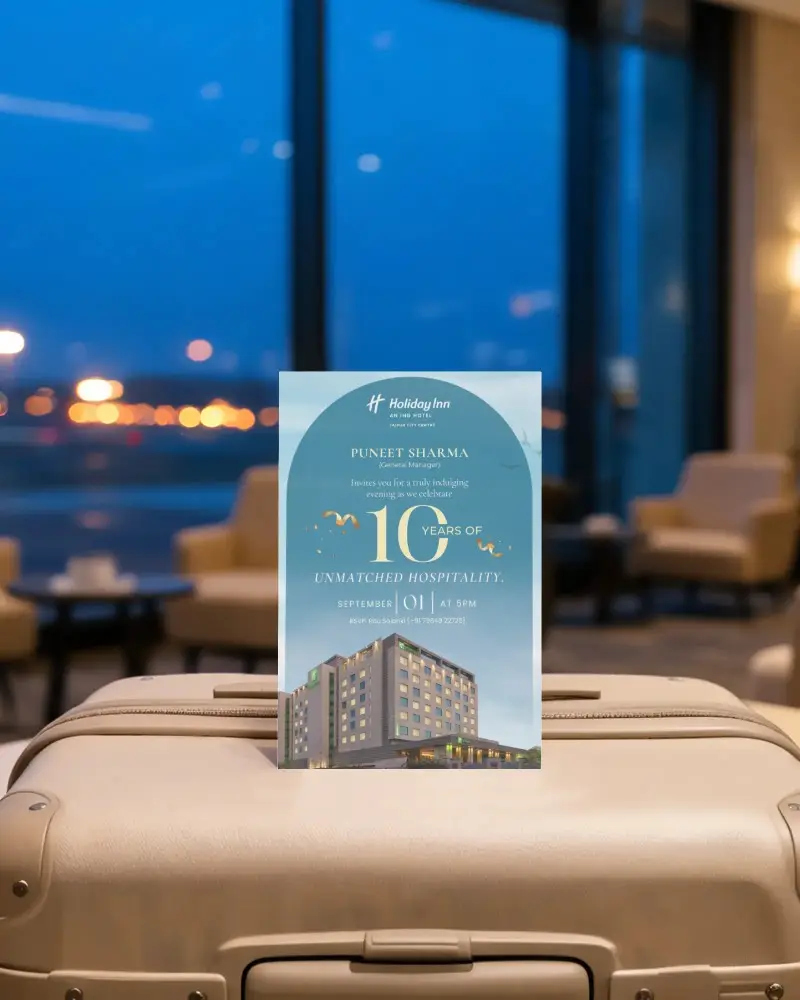 Blank Invitation Card Mockup On Luggage With Blurred Cozy Room Background