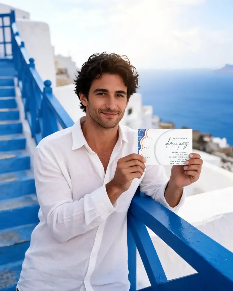 Man Holding Blank Invitation Card Mockup Outdoor Blue Railings Summer Event Promo