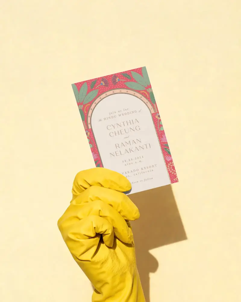 Hand Holding Invitation Card Mockup With Yellow Glove Creative Minimal Mockup For Presentations