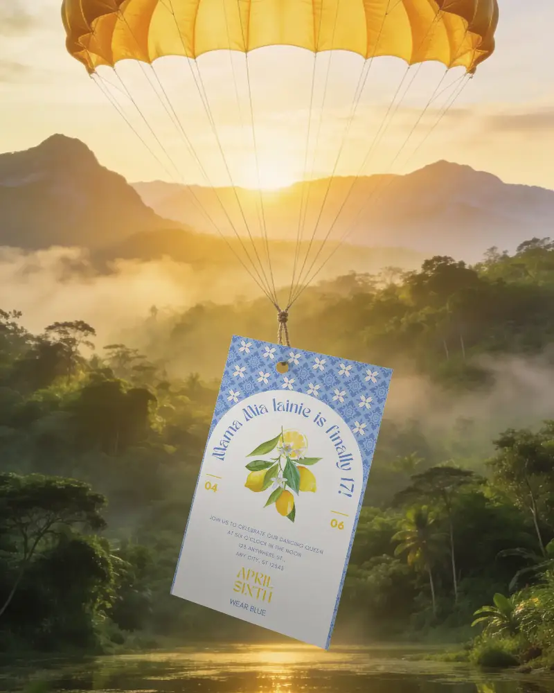 Nature Inspired Invitation Card Mockup With Parachute Floating In Sunrise Forest Background