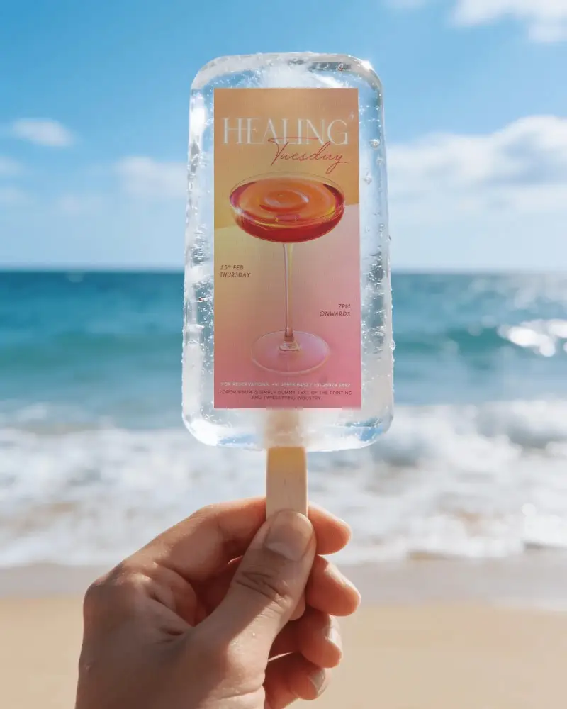 Hand Holding Transparent Ice Pop Popsicle With Invitation Card Mockup At Beach