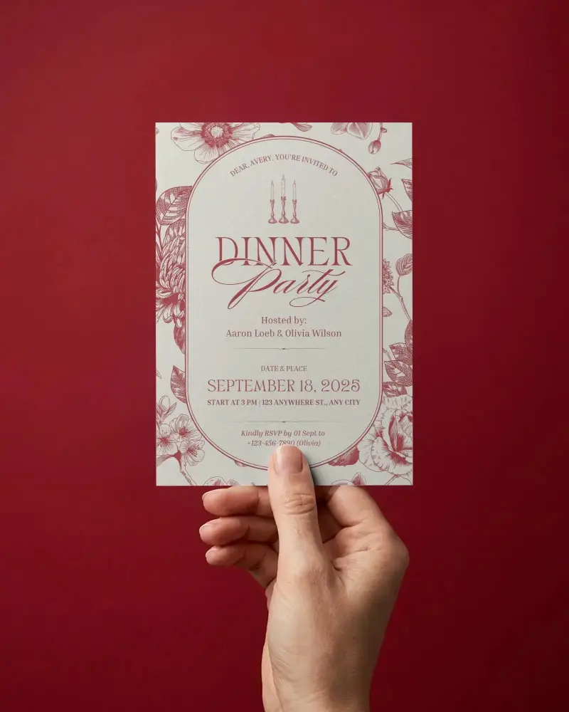 Hand Holding Vertical Invitation Card Mockup On Solid Background For Events