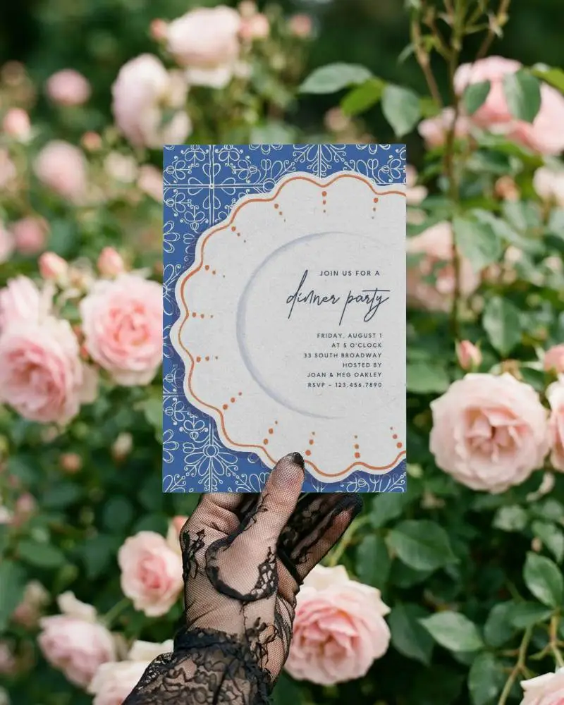 Elegant Lace Gloved Hand Holding Invitation Card Mockup With Floral Background