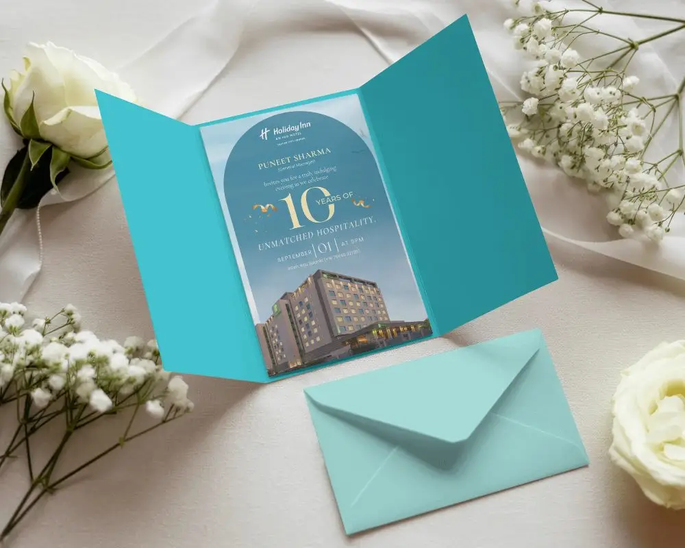 Elegant Trifold Invitation Card Mockup With Matching Envelope And Floral Background Design