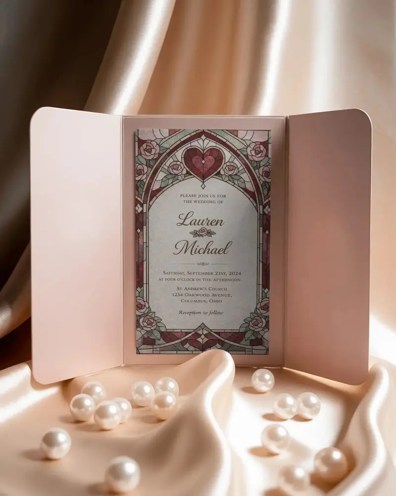 Elegant Invitation Card Mockup With Folded Flaps And Pearl Decor On Satin Fabric Background