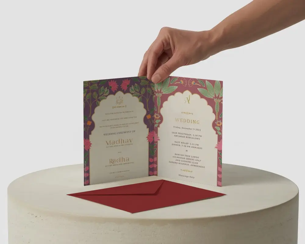 Realistic Invitation Card Mockup With Hand Holding Open Greeting Card And Envelope
