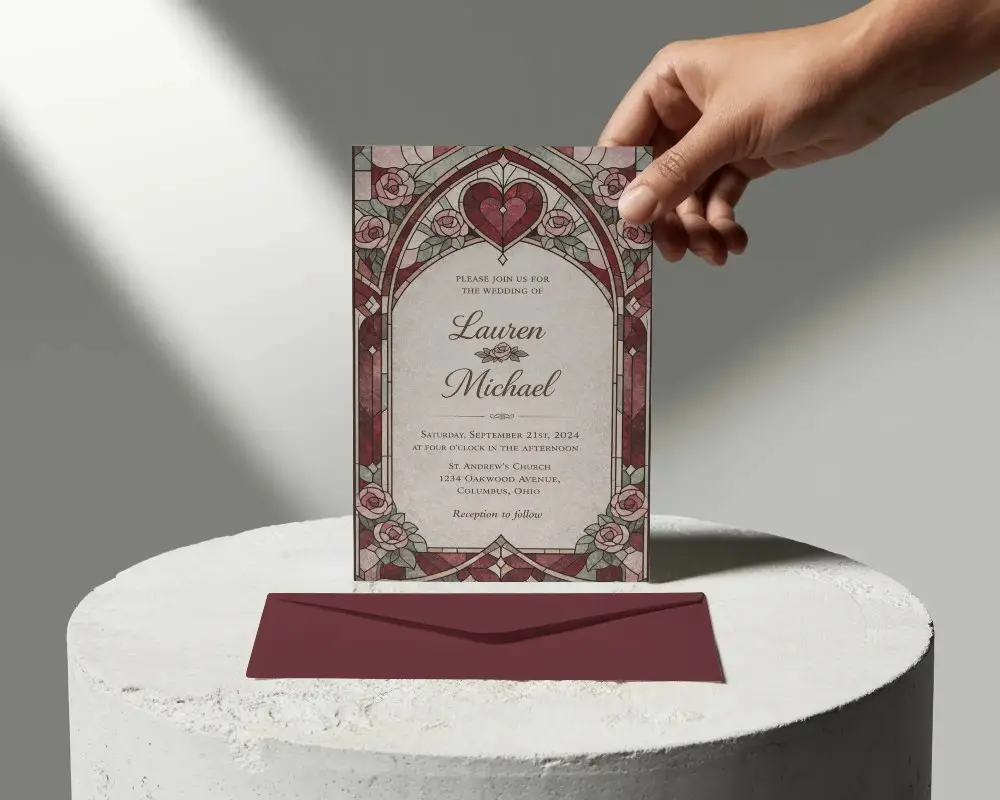 Hand Holding Invitation Card Mockup With Matching Envelope On Minimalist Surface