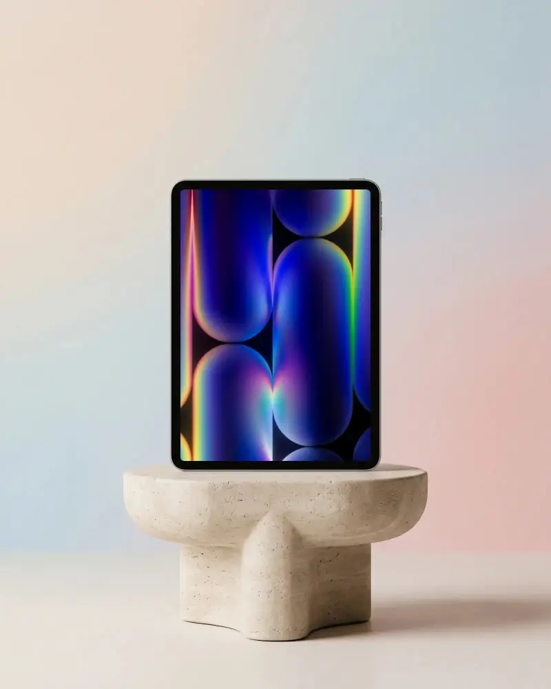Modern Ipad Mini Mockup Displayed On Elegant Stone Pedestal With Soft Gradient Background