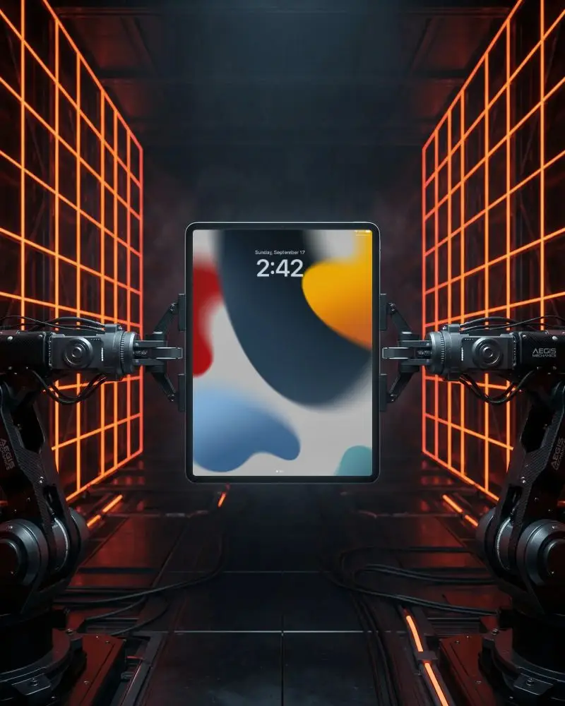 Futuristic Robotic Arms Holding Ipad Pro Mockup In High Tech Cyber Arena For Digital Display