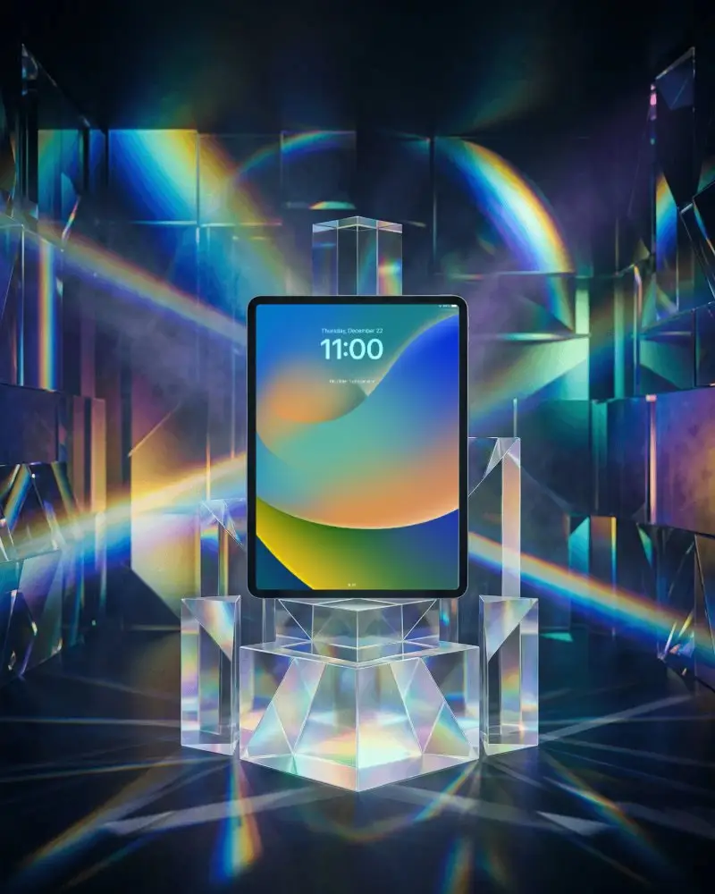 Futuristic Ipad Pro Mockup With Transparent Crystal Stand And Reflective Light Effects For Showcase