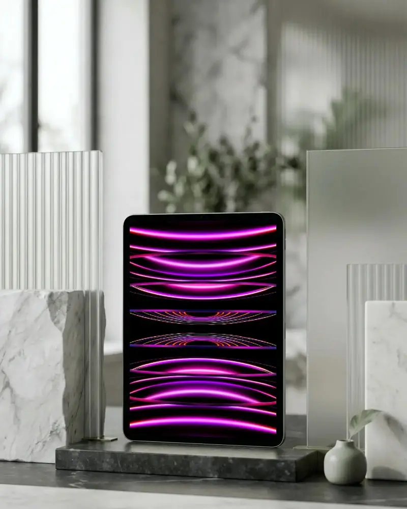 Sleek Minimalist Ipad Pro Mockup On Marble Surface With Modern Transparent Panel Background