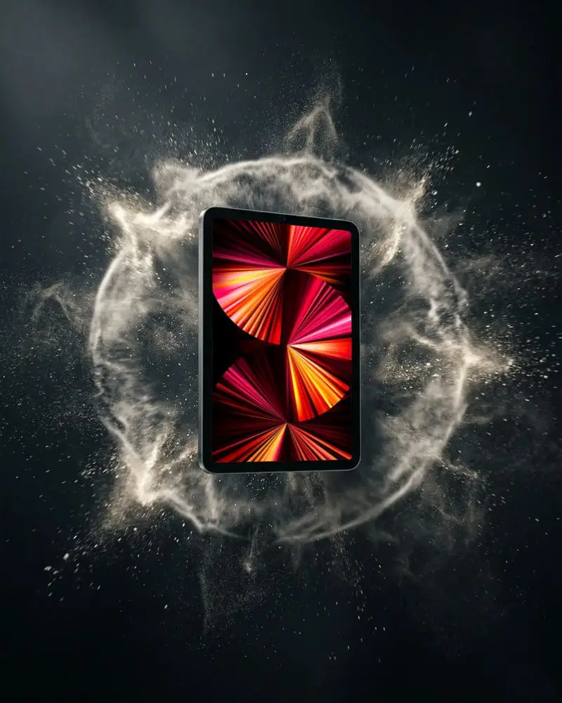 Floating Ipad Mini Mockup With Dynamic Smoke Effect For Digital Product Presentation And Display