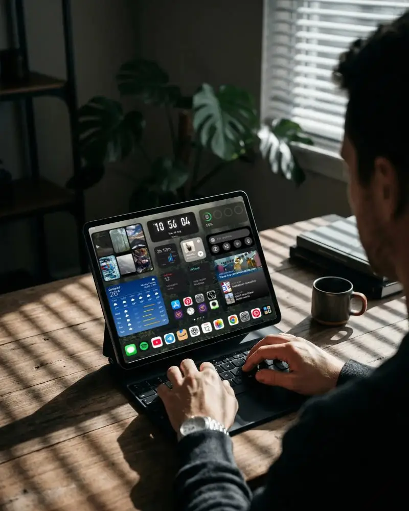 Professional Person Typing On Ipad Pro With Detachable Keyboard In Cozy Home Office Setting