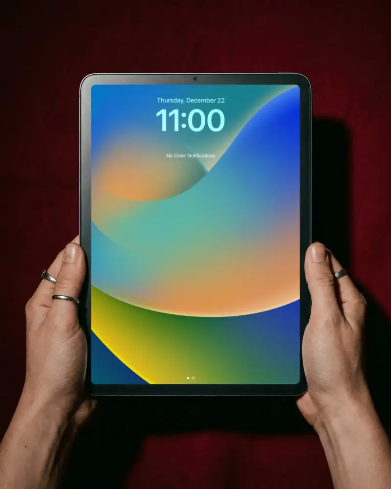 Hands Holding Ipad Air Digital Tablet Electronic Gadget Blank Screen Device Mockup