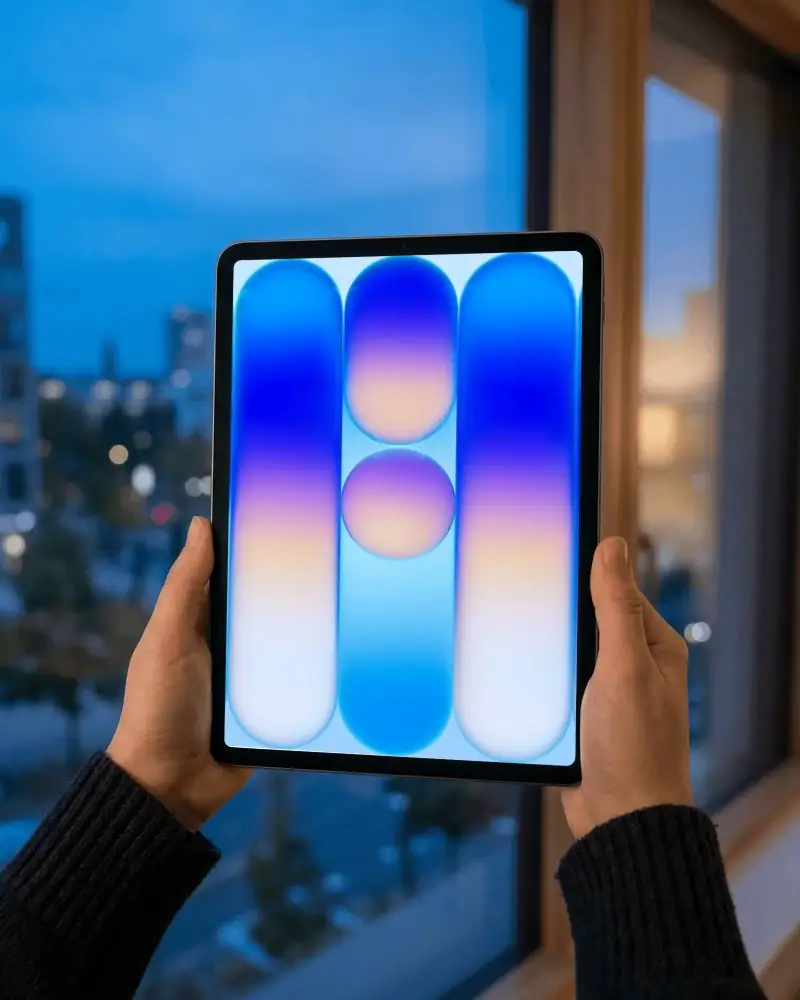 Person Holding Ipad Pro Mockup With Urban Cityscape Background For Digital Presentation