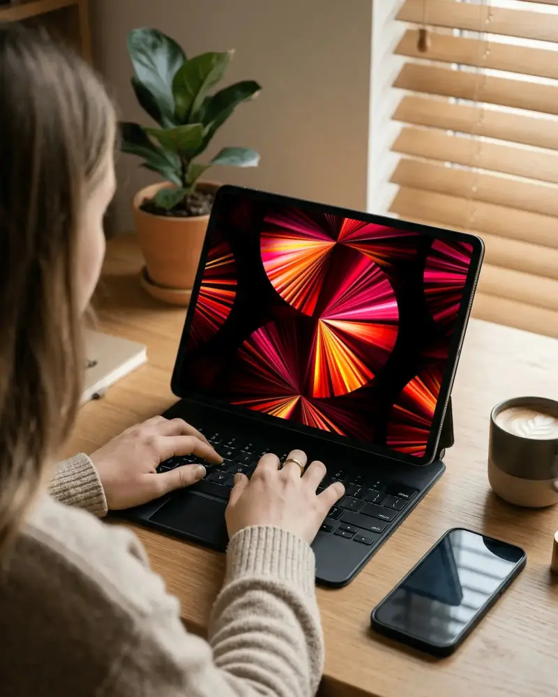 Person Typing On Ipad Pro With Keyboard On Wooden Desk Near Coffee Cup And Smartphone
