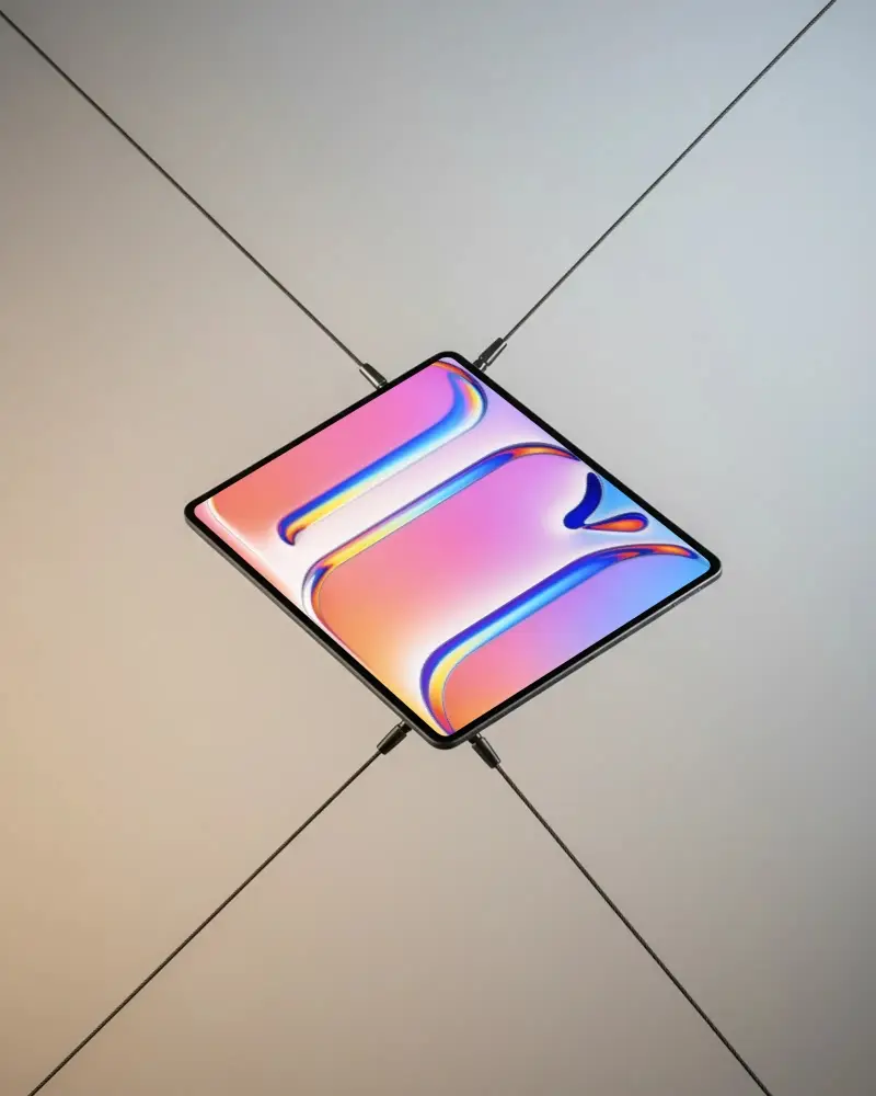 Modern Ipad Air Mockup Suspended With Thin Cables Against Soft Gradient Backdrop