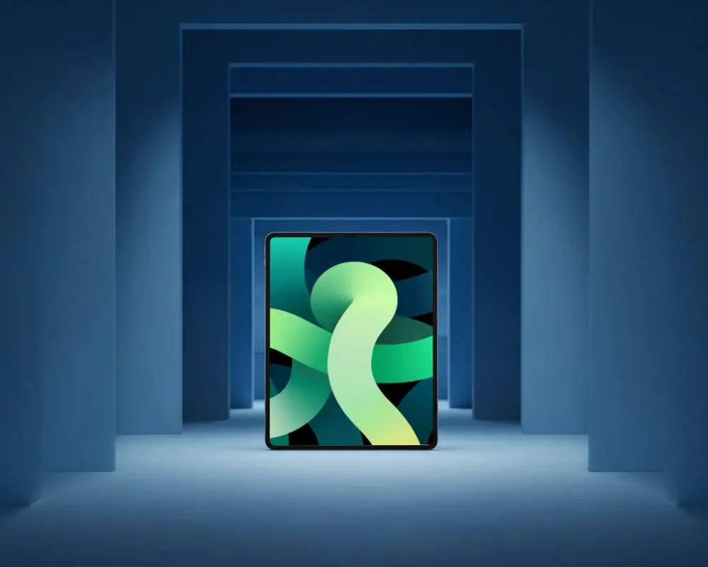 Futuristic Ipad Air Mockup Showcasing Edge To Edge Screen In Modern Architectural Blue Background