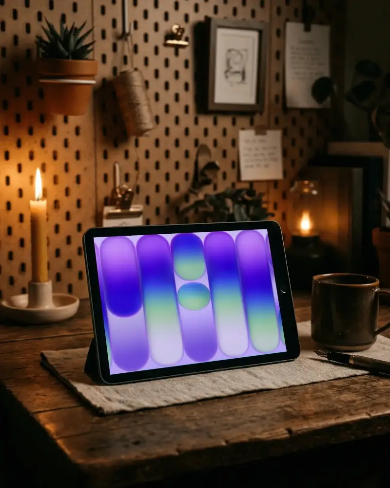 Rustic Wooden Desk Workspace Ipad Mini Mockup With Candlelight Coffee Cup And Pen Display