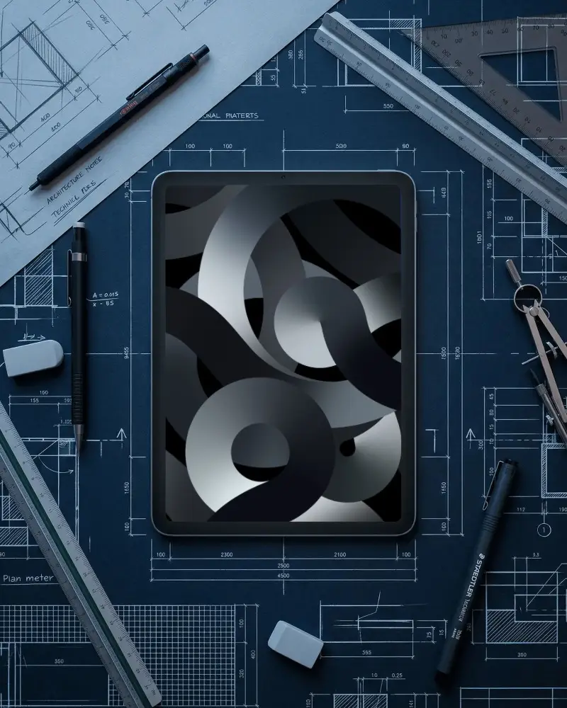 Modern Digital Ipad Air Mockup With Architectural Blueprints And Precise Drawing Tools Flatlay
