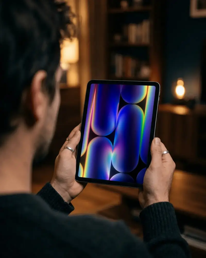 Person Using Ipad Mini For Media Reading And Online Activities At Home