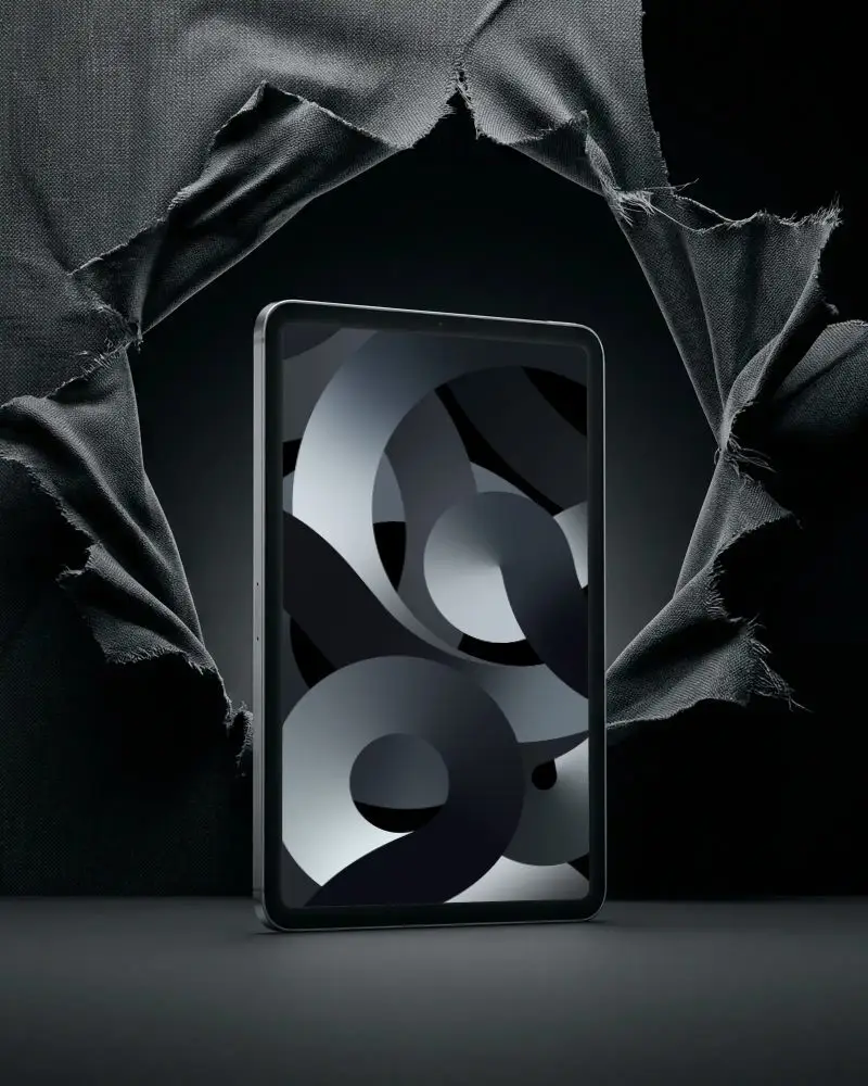 Sleek Modern Ipad Air Mockup On Dark Background With Torn Cloth Effect Creative Tech Display