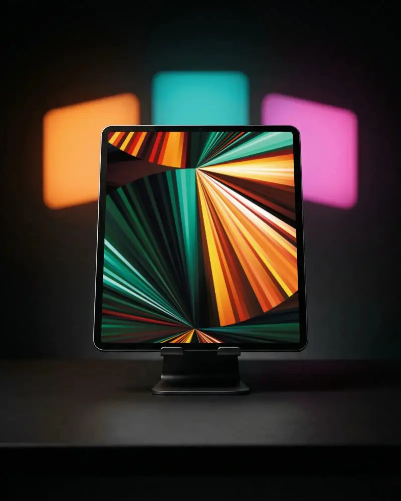 Modern Ipad Pro Mockup On Stand With Colorful Background Lighting For Digital Presentation