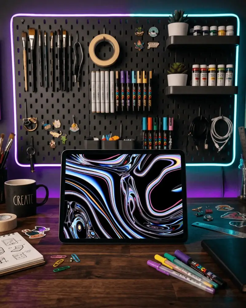 Creative Digital Art Workspace Ipad Pro Mockup With Organized Stationery For Design Projects