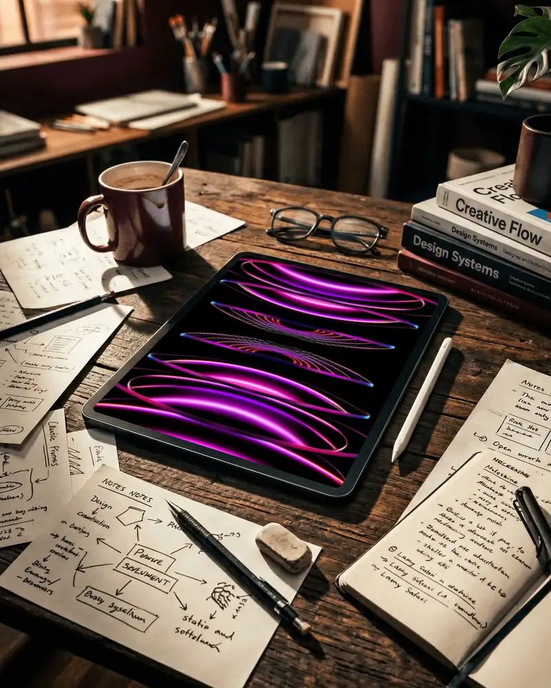 Workspace With Ipad Pro Mockup And Stationery Items On Rustic Wooden Table For Designers