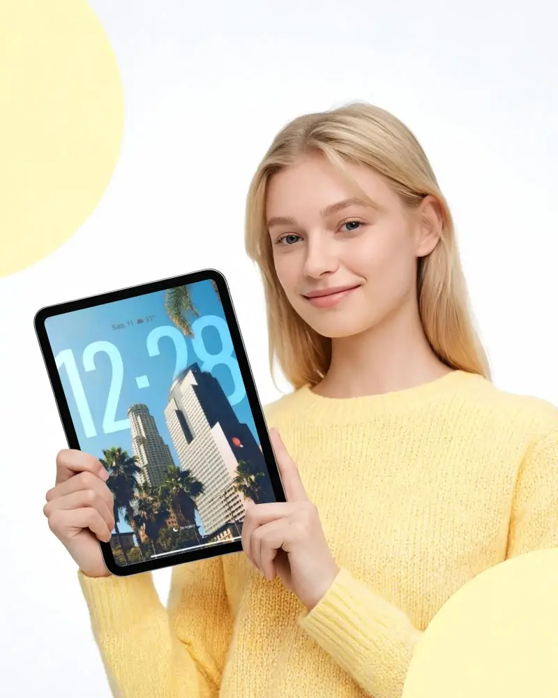 Young Woman Holding Ipad Mini Mockup Blank Screen For Digital Content Display