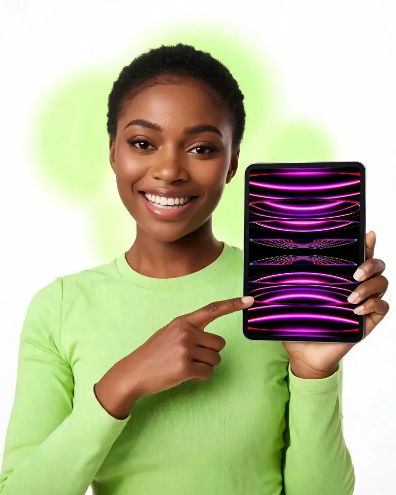 Cheerful Woman Holding Ipad Pro Mockup Pointing To Blank Screen For App Presentation