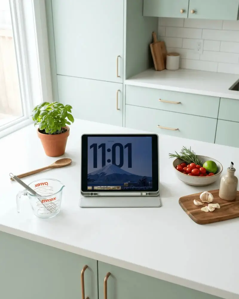 Modern Kitchen Countertop With Ipad Mini Mockup And Fresh Ingredients For Cooking Inspiration