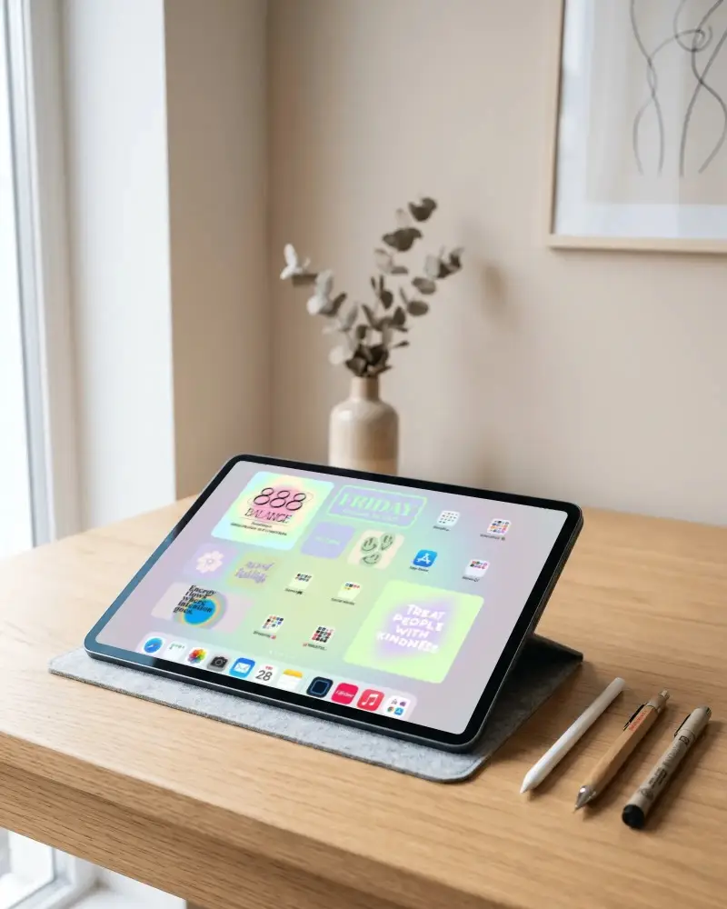 Modern Ipad Air Mockup On Wooden Desk With Digital Pencil And Stylus Pen For Designers