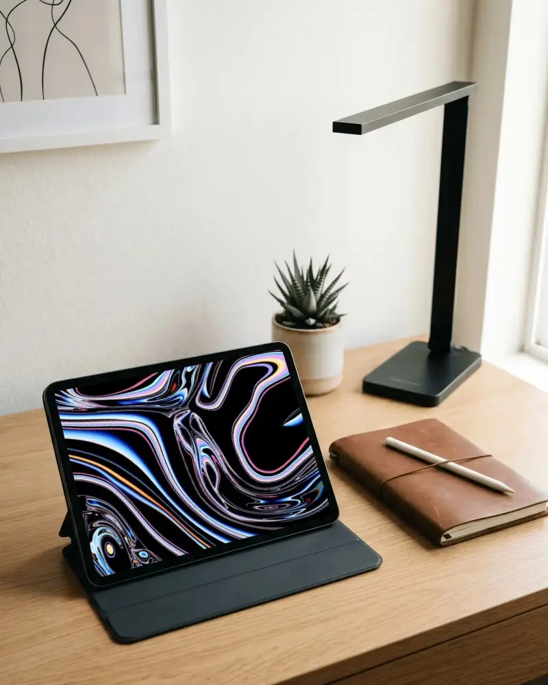 Modern Ipad Pro Mockup On Wooden Desk With Plant Notebook And Desk Lamp Stylish Workspace