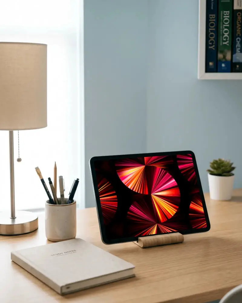 Minimalistic Home Office Setup With Ipad Pro Mockup Notebook And Pen Holder On Wooden Desk